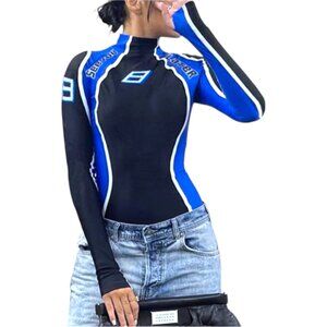IAEY Fashion Sexy Lounge Bodysuit Size S Black Blue Long Sleeve Snap Closure NWT